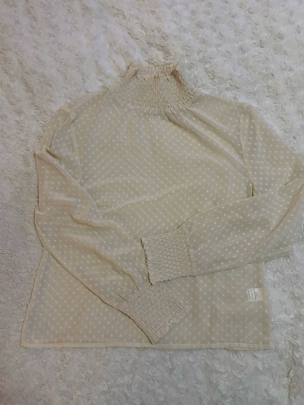 re:named Cream Polka Dot Smocked Cuff Blouse